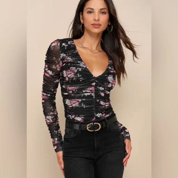 Lulu's Black Floral Ruched Mesh Long-Sleeve Top - Picture 1 of 5